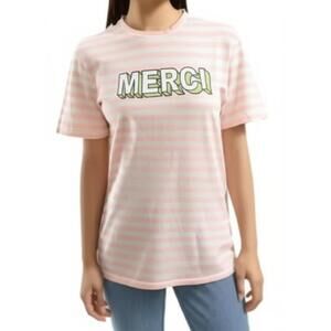 NWT KULE Womens XS Pink White Striped Merci Print Crew Neck T-Shirt